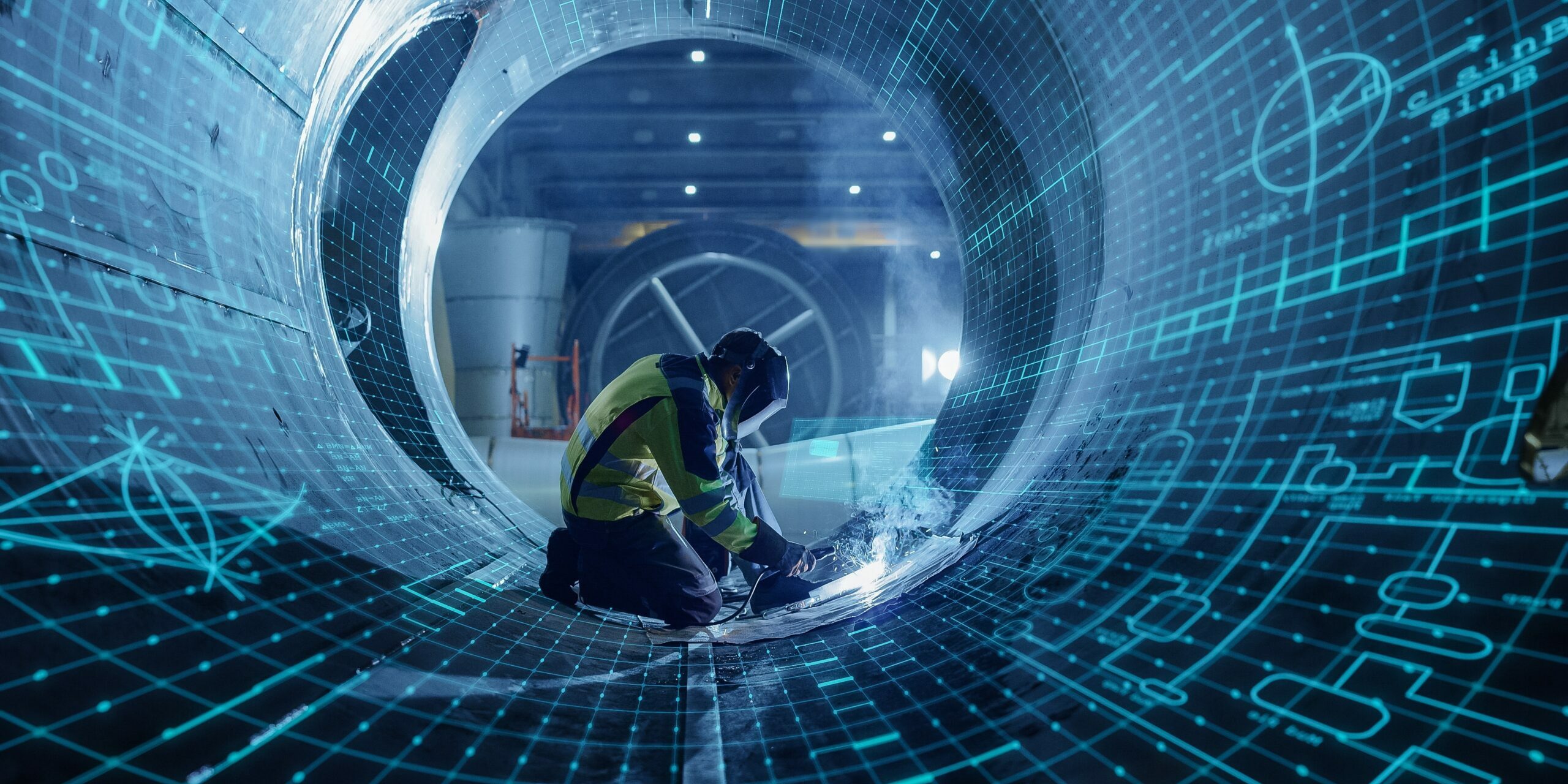 Industrial,4.0,Digital,Visualization:,Heavy,Industry,Welder,Working,,Welding,Inside