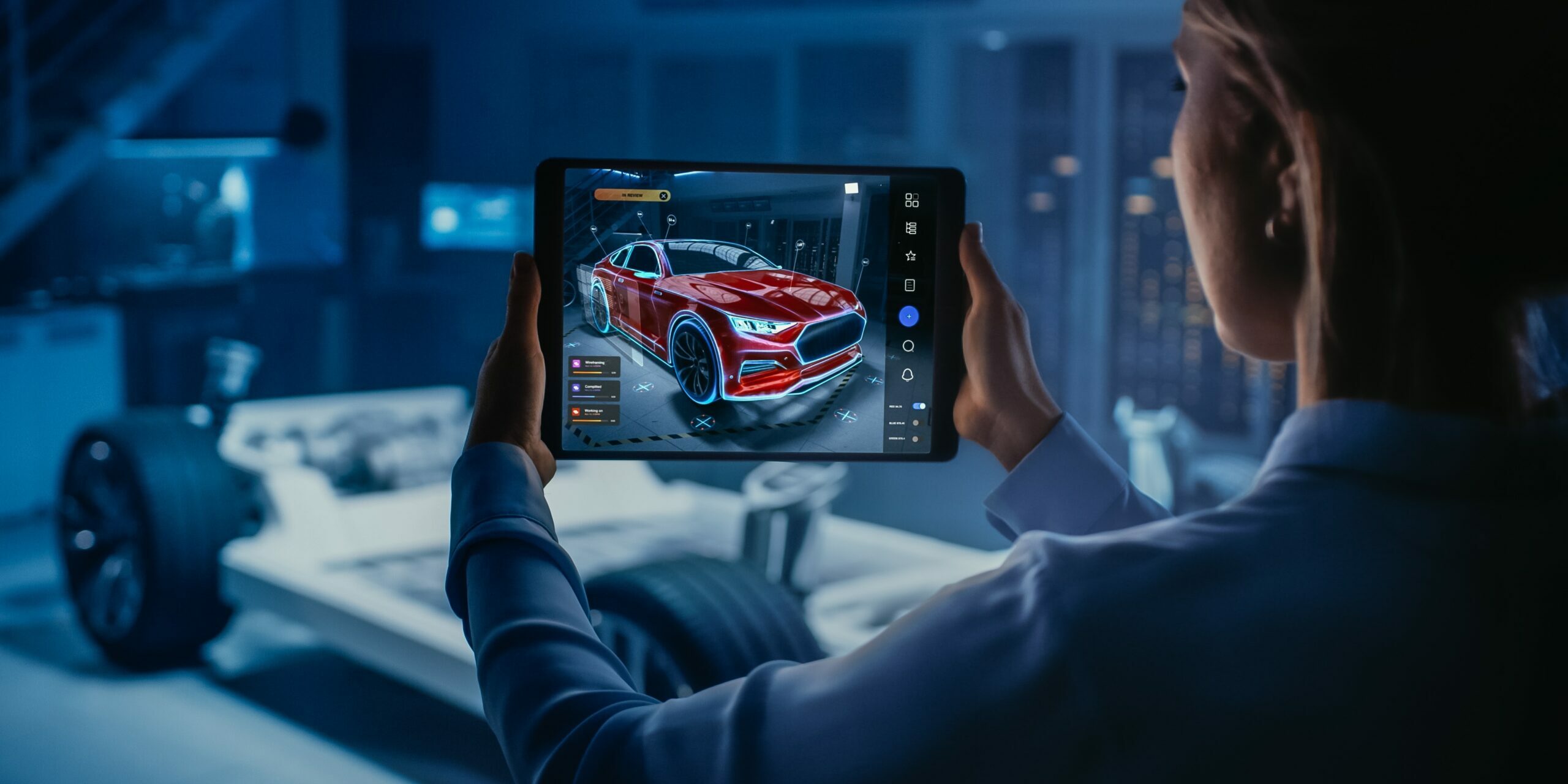 Automotive,Engineer,Working,On,Electric,Car,Chassis,Platform,,Using,Tablet