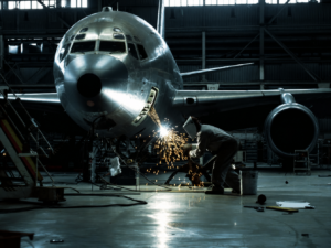 Aircraft maintenance welding Technician welding near an aircraft fuselage in a hangar