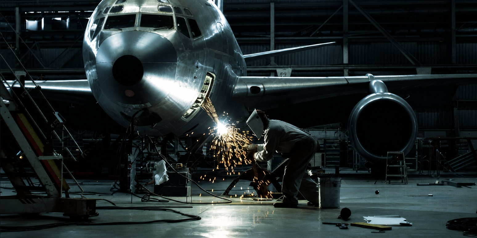 ChatGPT Image 4 may 2026, 09_20_46 Technician welding metal on an airplane nose inside a maintenance hangar.
