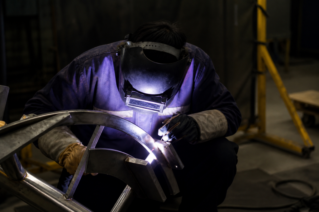 ChatGPT Image 4 may 2026, 11_41_04 Welder performing TIG welding on a curved metal structure in a dark industrial workshop