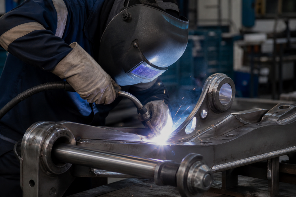 aceros especiales Worker welding a high-strength steel component in an industrial workshop.