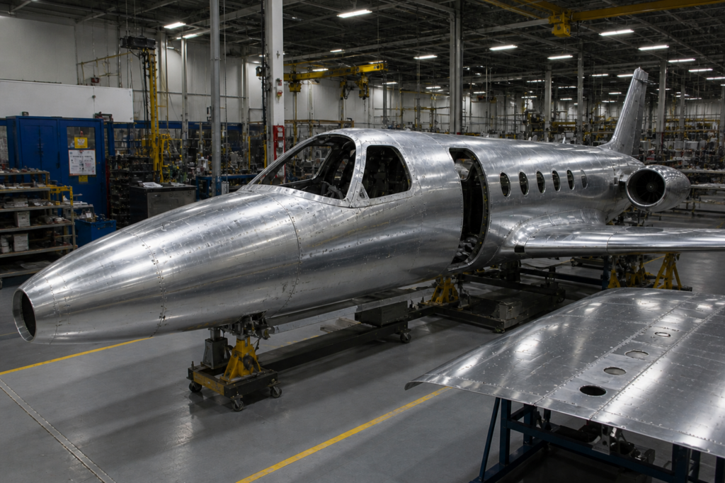 aluminio redimensionada Aluminum aircraft fuselage inside an industrial factory with exposed structure and machinery.