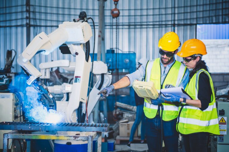 Engineers,Team,Mechanic,Using,Computer,Controller,Robotic,Arm,For,Welding