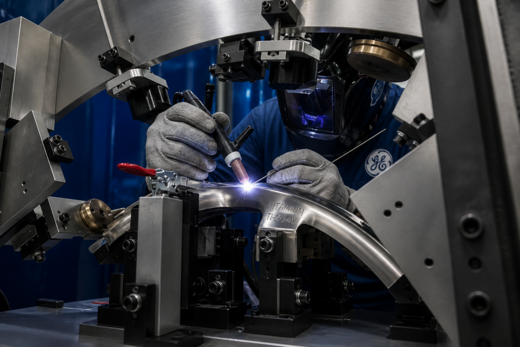 titanio Technician performing precision welding on a titanium aerospace component using specialized equipment.